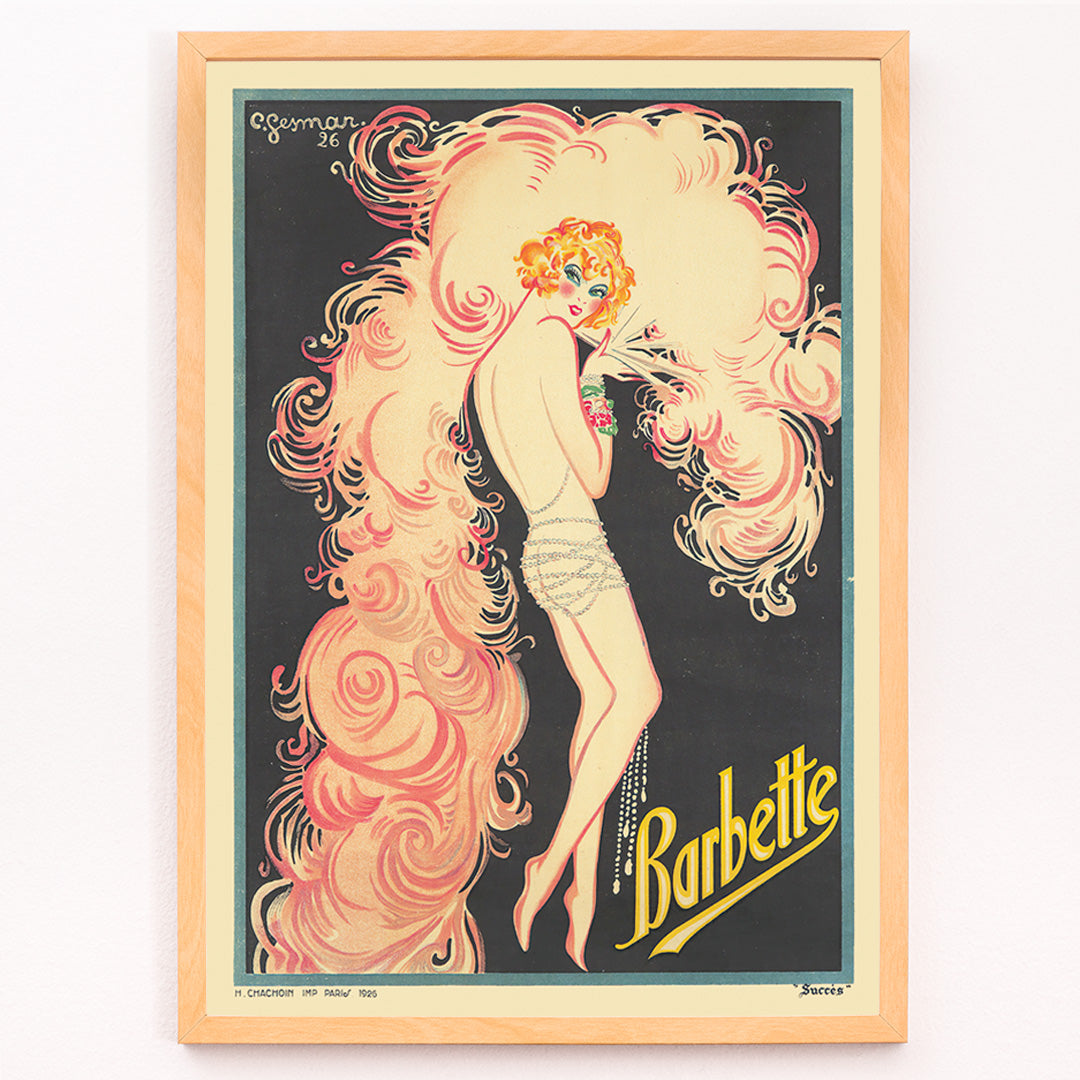 Closeup detail of Colorful Art Deco performer illustration with pink swirls and flowing feathers by Charles Gesmar Barbette vintage wall decor poster