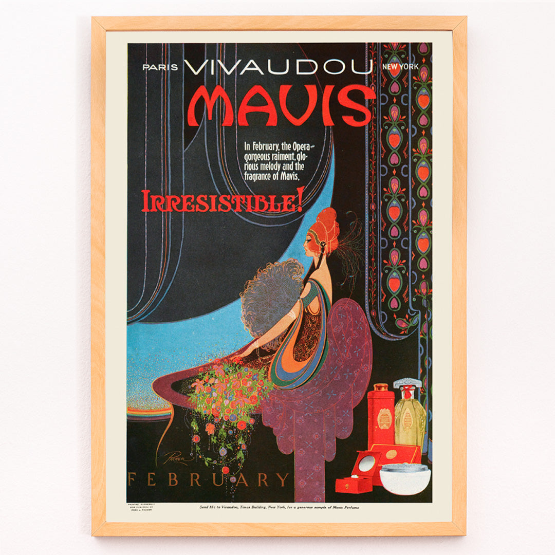 Closeup detail of Elegant woman in art deco style with perfume bottles vibrant colors and wall decor poster for Mavis Irresistible by Fred L Parker