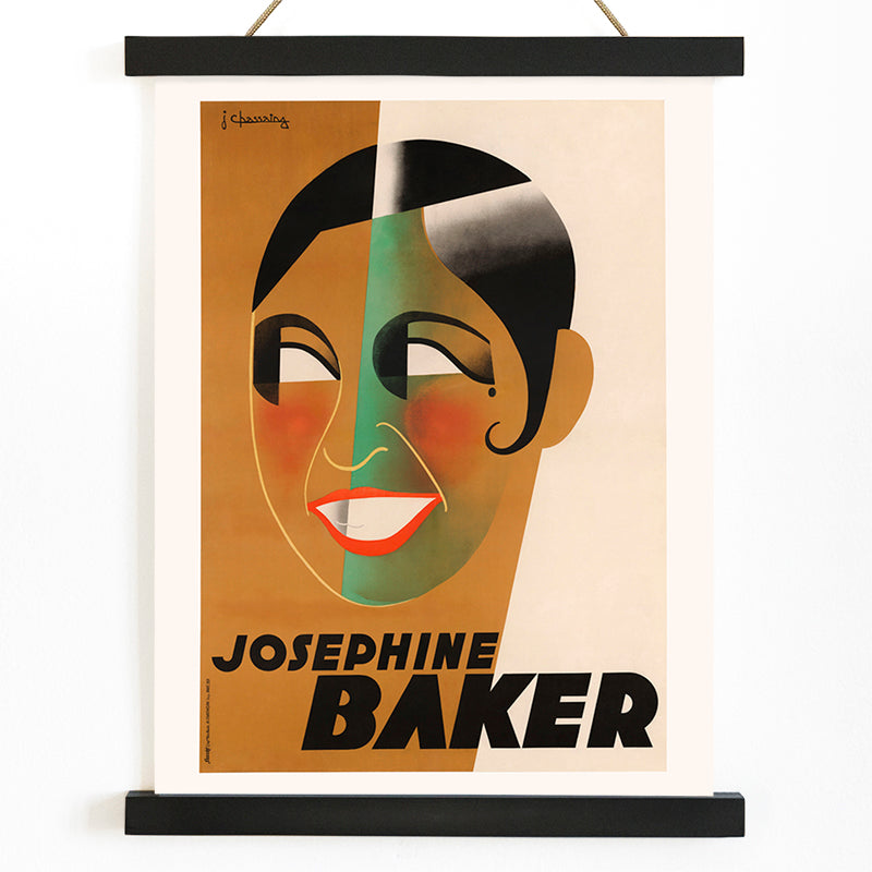 Art Deco poster of Josephine Baker by J Chassaing featuring bold geometric shapes and modern colorful style, with wooden magnetic frame on white background