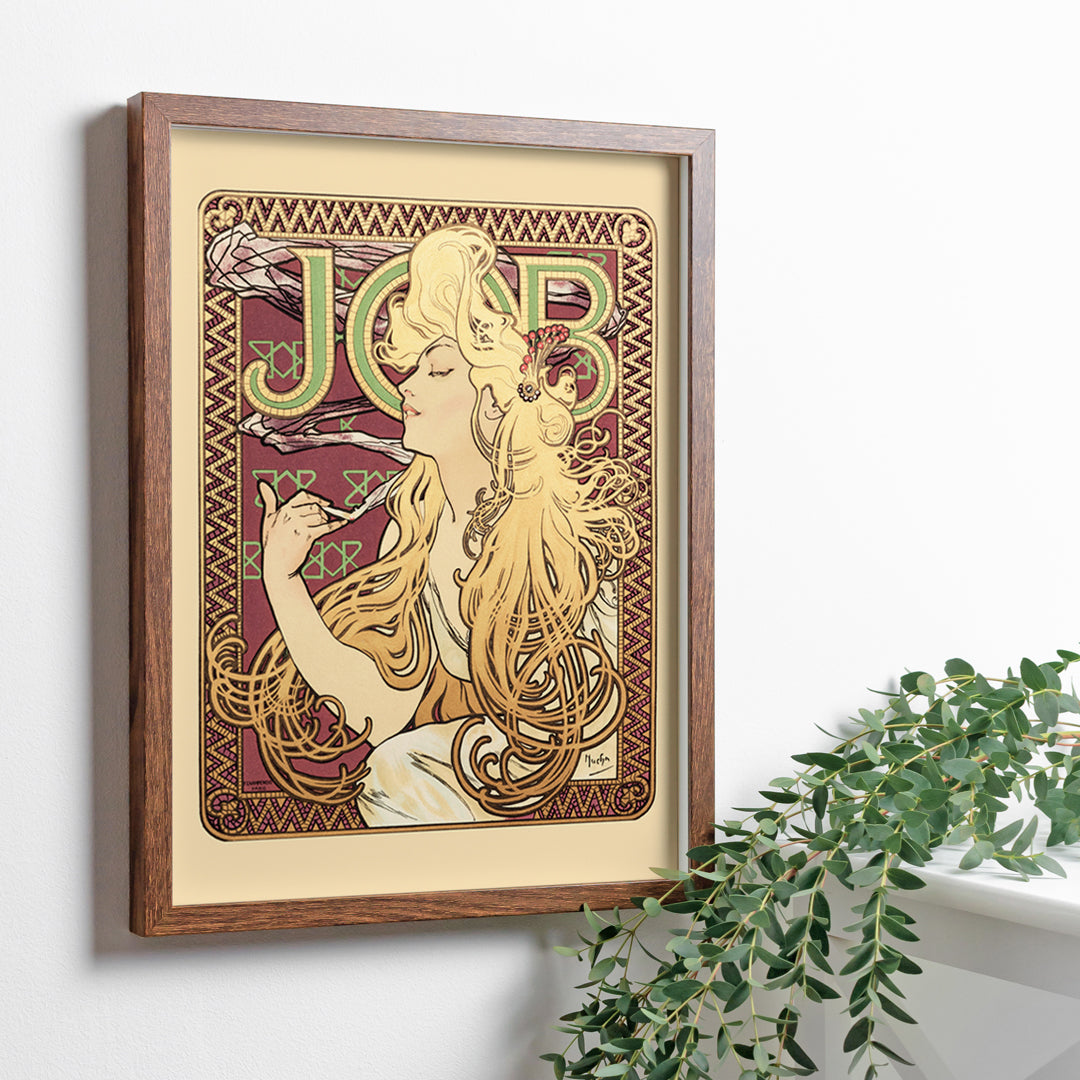 Art Nouveau poster of elegant woman with flowing hair holding a cigarette and decorative patterns by Alphonse Mucha, framed and displayed in home decor