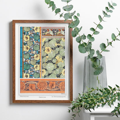 Art Nouveau capucine nasturtium botanical illustration by Maurice Pillard Verneuil from La Plante et ses Applications ornementales, framed and displayed in home decor