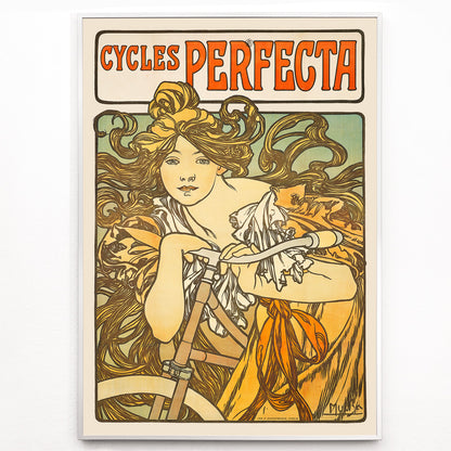 Closeup detail of Art Nouveau poster of a woman with flowing hair riding a bicycle with decorative floral design by Alphonse Mucha for Cycles Perfecta
