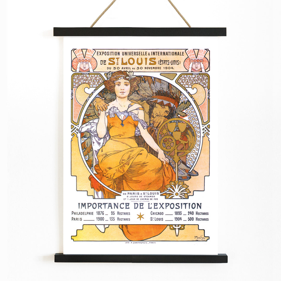 Art Nouveau poster of a woman in a flowing yellow dress with floral motifs Exposition de Saint Louis by Alphonse Mucha, with wooden magnetic frame on white background