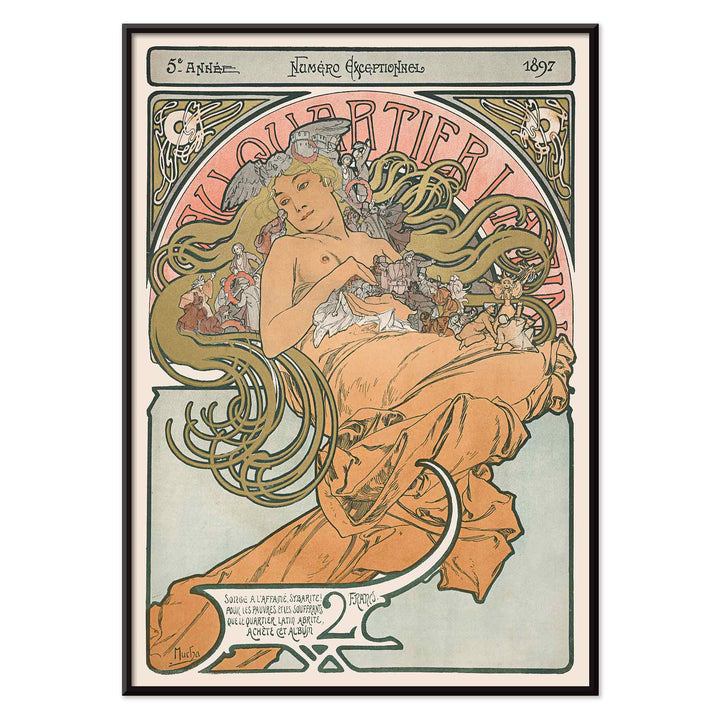 Alphonse Mucha Au Quartier Latin poster with elegant woman and flowing floral tendrils in soft peach green and cream tones, with black aluminium frame on white background