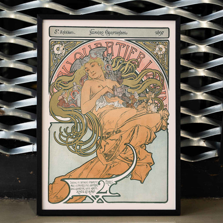 Alphonse Mucha Au Quartier Latin poster with elegant woman and flowing floral tendrils in soft peach green and cream tones, framed and displayed in home decor
