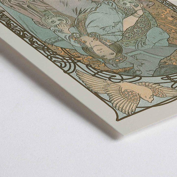 Closeup detail of Alphonse Mucha Ilsee Princesse de Tripoli poster with elegant woman in flowing robes ornate floral lines and soft pastel tones