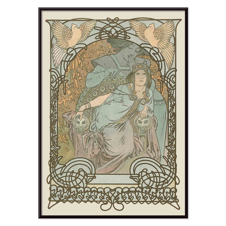 Alphonse Mucha Ilsee Princesse de Tripoli poster with elegant woman in flowing robes ornate floral lines and soft pastel tones, with black aluminium frame on white background