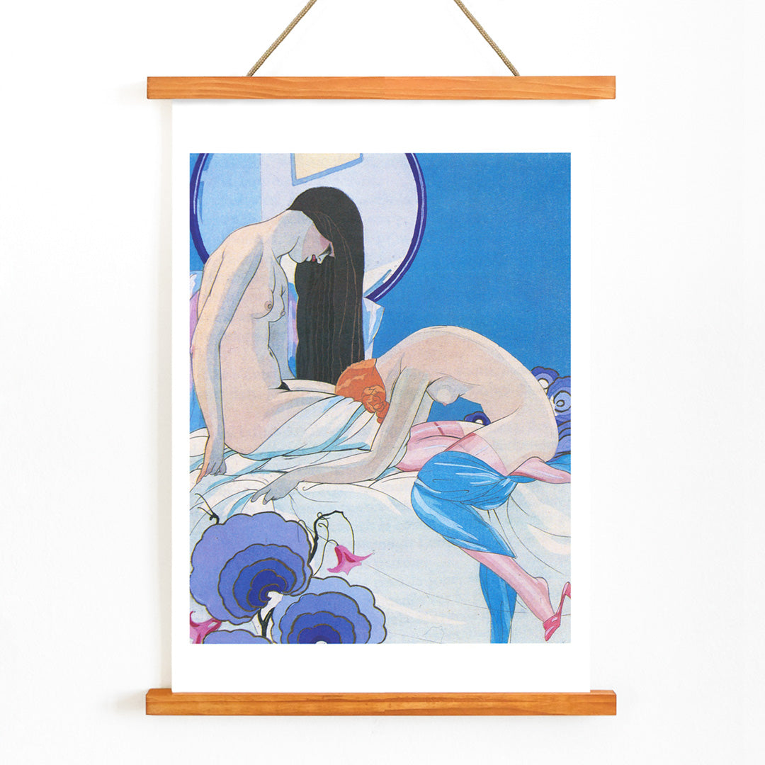 Sensual art poster of two nude figures in bed from Les Aventures du Roi Pausole by Umberto Brunelleschi erotic illustration, with wooden magnetic frame on white background