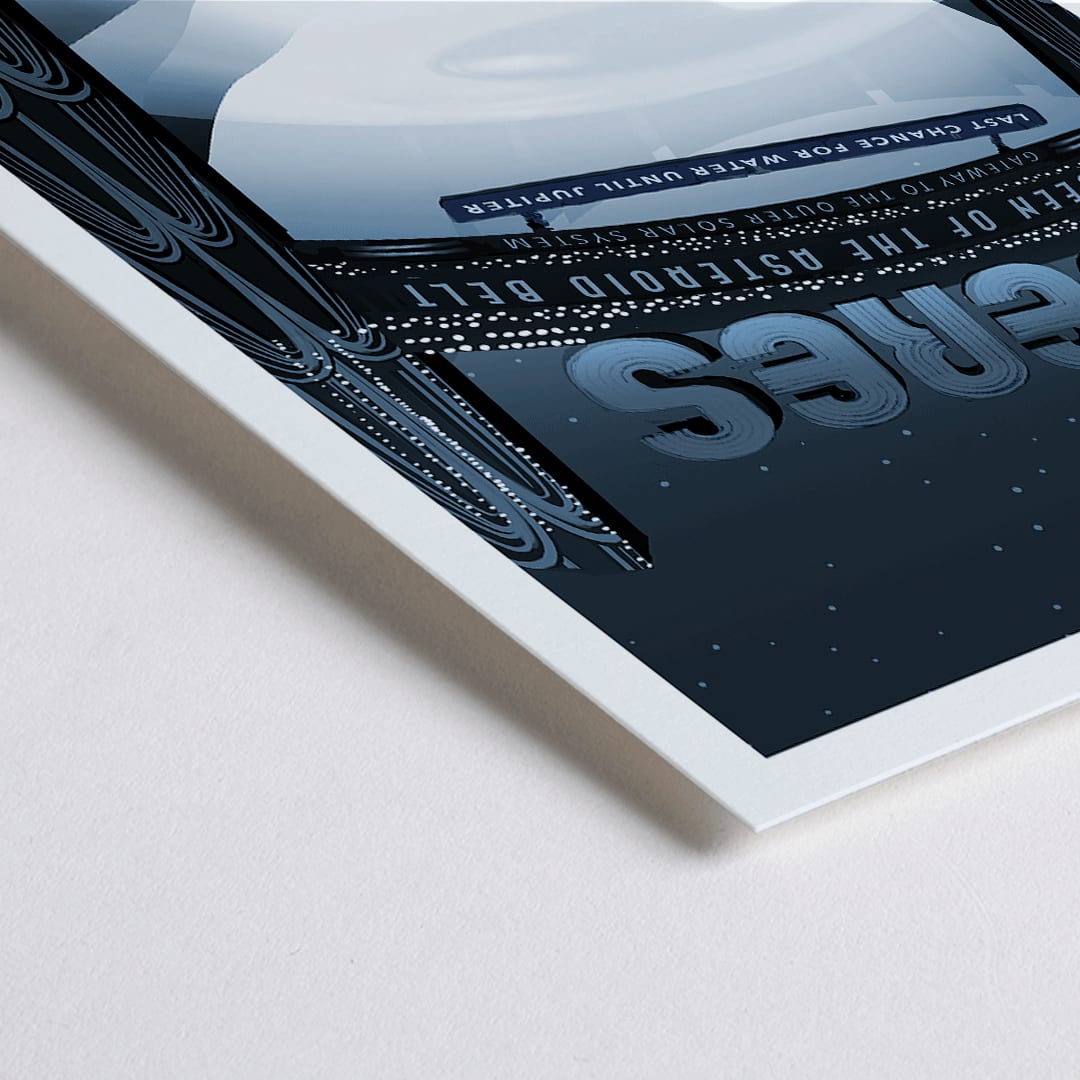 Closeup detail of Space travel art illustration of Ceres Queen of the Asteroid Belt by NASA featuring two people at a water pump under a starry sky