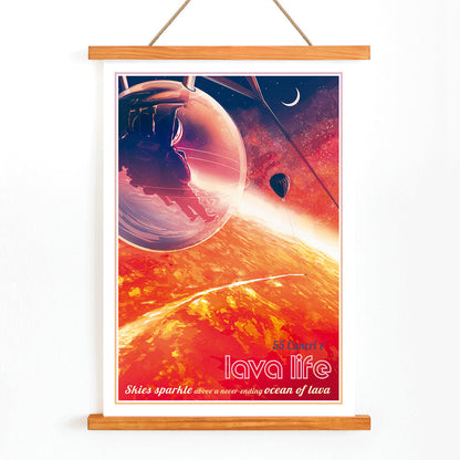 Astronaut in a pod above a glowing lava planet with a hot air balloon and crescent moon in Lava Life by NASA poster, with wooden magnetic frame on white background