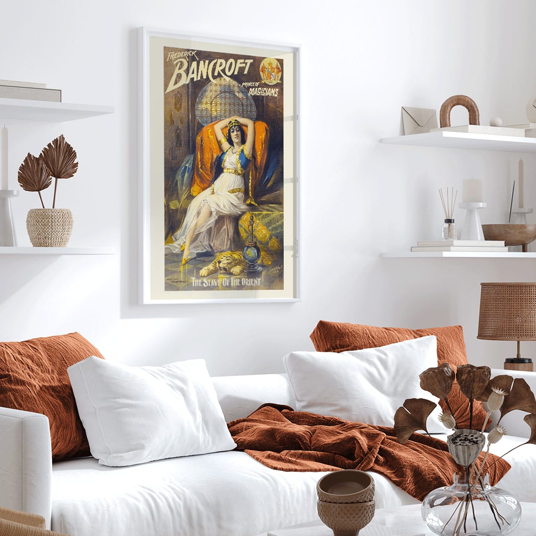 Woman in exotic attire reclining on luxurious couch with hookah and tiger rug Frederick Bancroft prince of magicians artwork poster by Springer and Welty Lith, framed and displayed in home decor