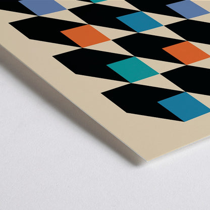 Closeup detail of Bauhaus Poster inspired by the Weimar Exhibition with geometric patterns bold colors by Joost Schmidt in black blue orange and teal squares
