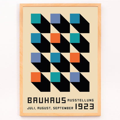 Bauhaus Poster inspired by the Weimar Exhibition with geometric patterns bold colors by Joost Schmidt in black blue orange and teal squares, framed and displayed in modern living room decor