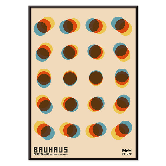 Bauhaus Poster 9 Inspired by the Weimar Exhibition with overlapping colorful circles in a geometric pattern on a beige background, with black aluminium frame on white background