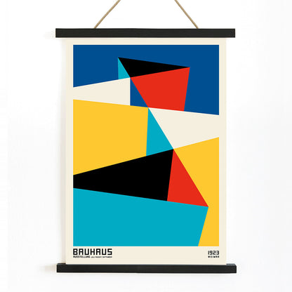 Bauhaus poster 15 by Schlemmer featuring abstract geometric shapes and geometric abstract art in primary colors, with wooden magnetic frame on white background