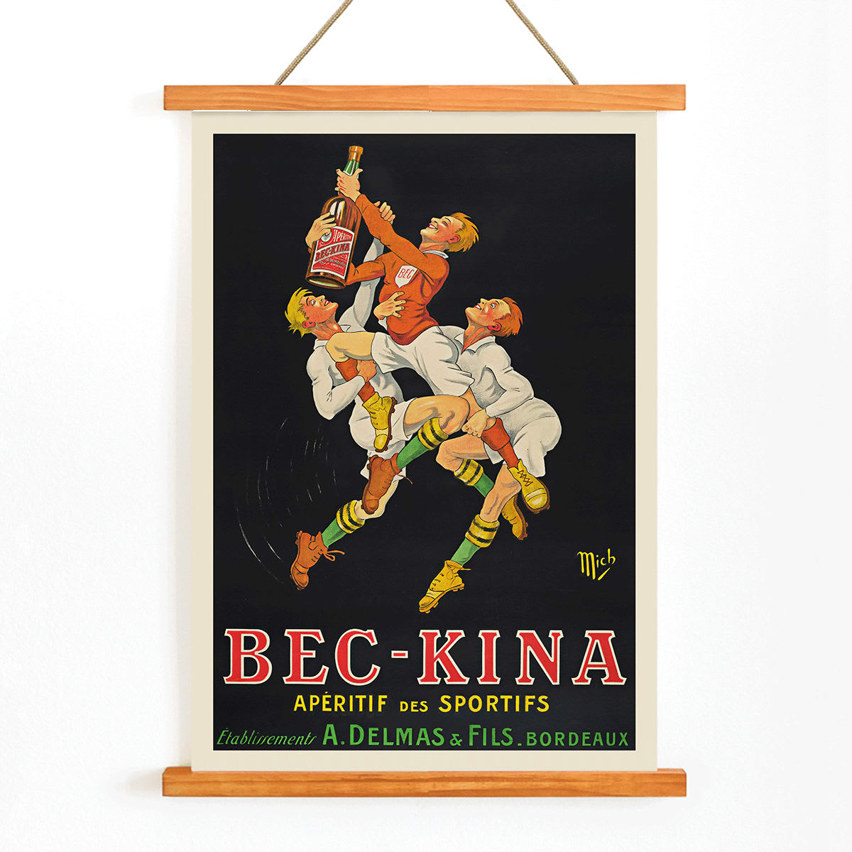 Bec-Kina poster by Michel Liebeaux showing athletes reaching for a bottle in vibrant dynamic sports-themed artwork, with wooden magnetic frame on white background