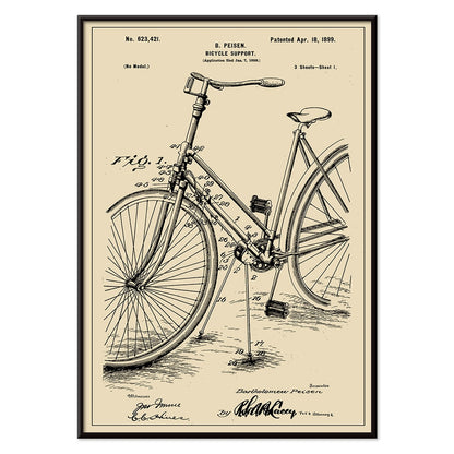 Bicycle support patent by B Peisen with detailed technical drawing and mechanical diagram featuring support stand and annotations, with black aluminium frame on white background