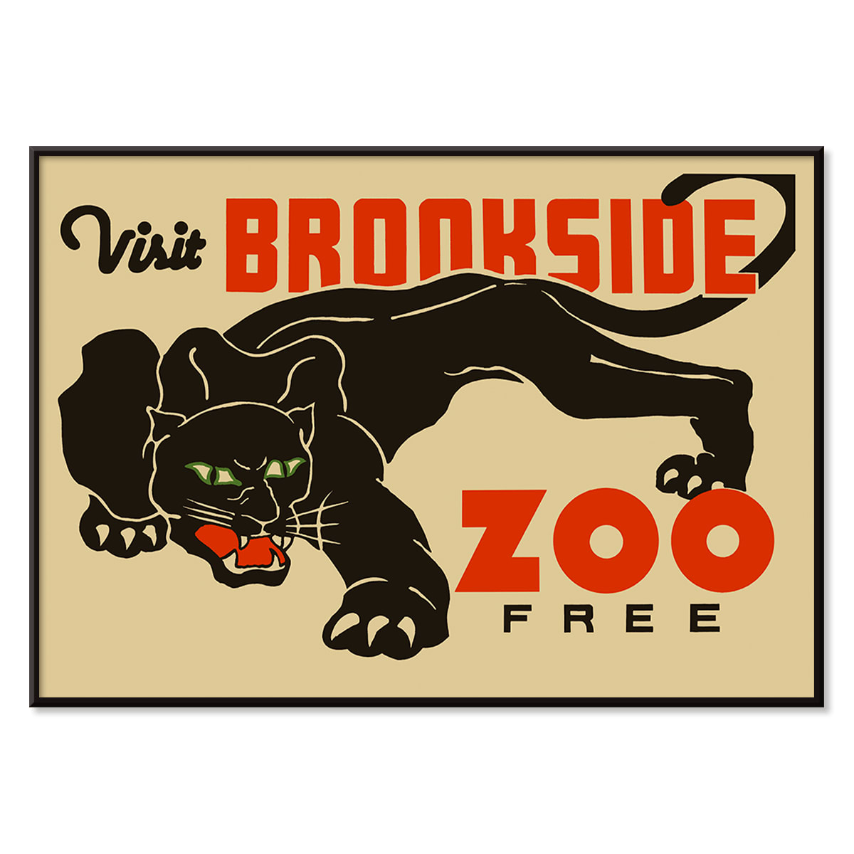 Visit Brookside Zoo poster featuring a black leopard illustration by Carken with the text Visit Brookside Zoo Free, with black aluminium frame on white background