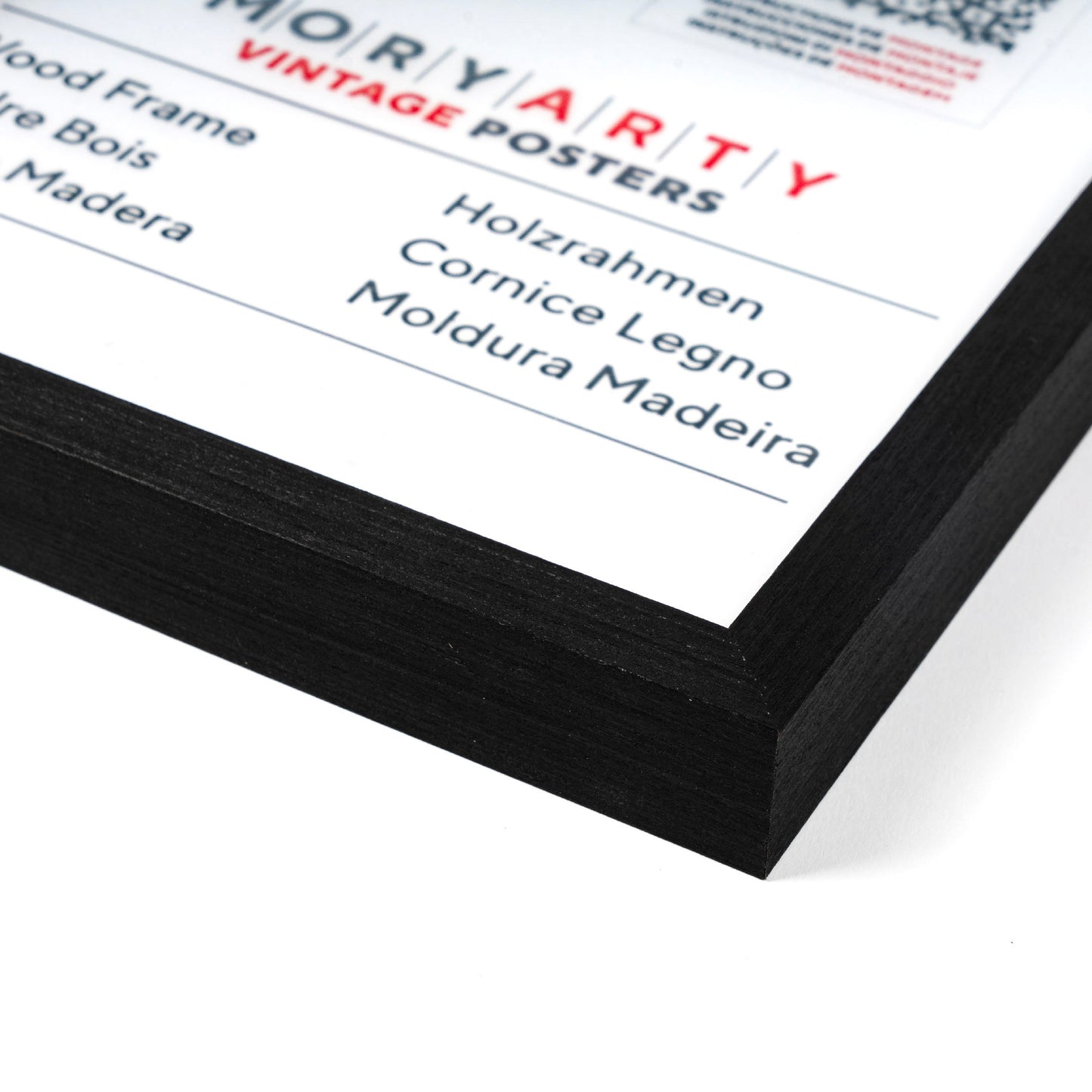 Black pine wood photo frame with elegant black finish, showcasing a classic and refined design suitable for displaying photos or artwork in home or office settings, front corner closeup picture