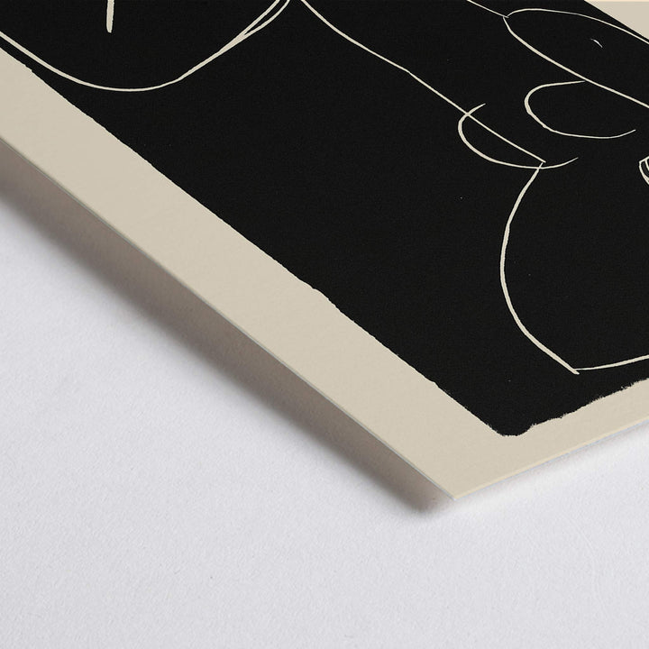 Closeup detail of Henri Matisse Seated Nude with Crossed Legs I poster minimalist black and white nude line drawing on dark background
