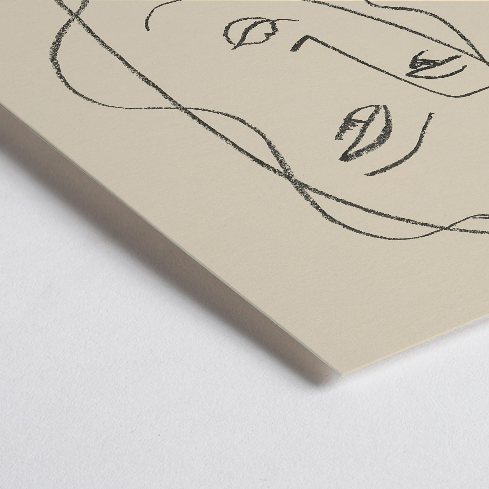 Closeup detail of Henri Matisse Veiled Head poster with minimalist veiled face in black linework on a warm pale background