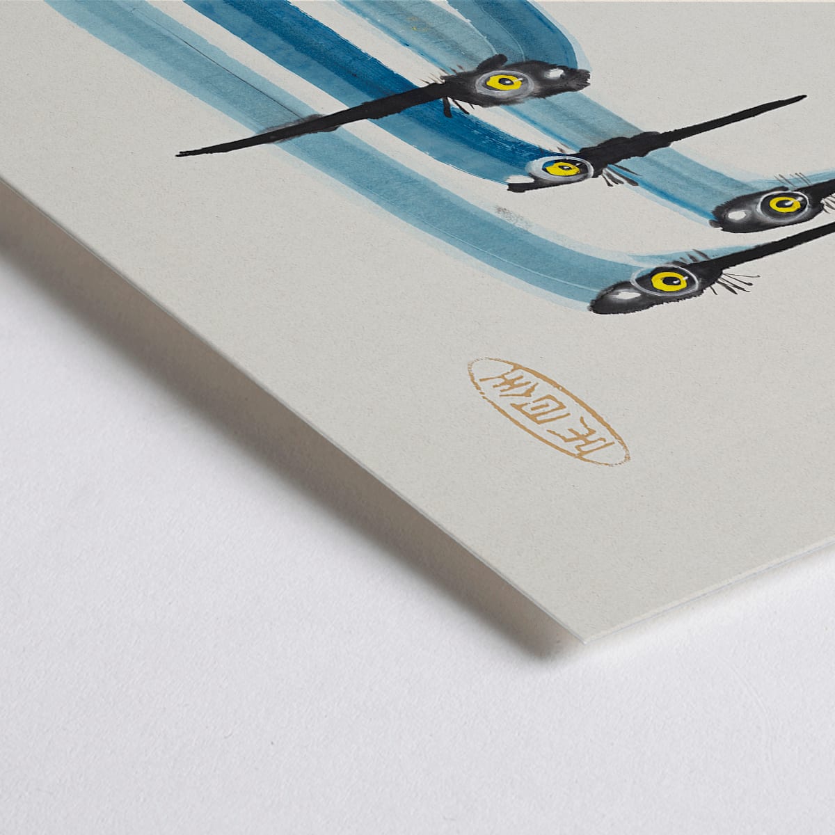 Closeup detail of Watercolor painting of three blue cranes titled Blue Japanese Crane by Ohara Koson and Anonymous poster