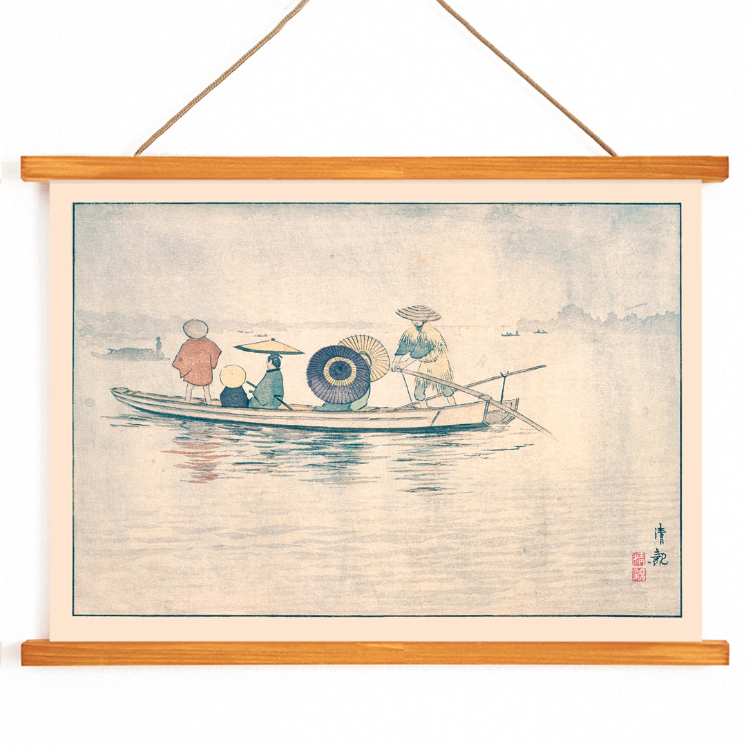 People in traditional Japanese clothing on a boat in the rain near Okawa River Bridge in Spring Rain by Kobayashi Kiyochika Japanese art poster, with wooden magnetic frame on white background
