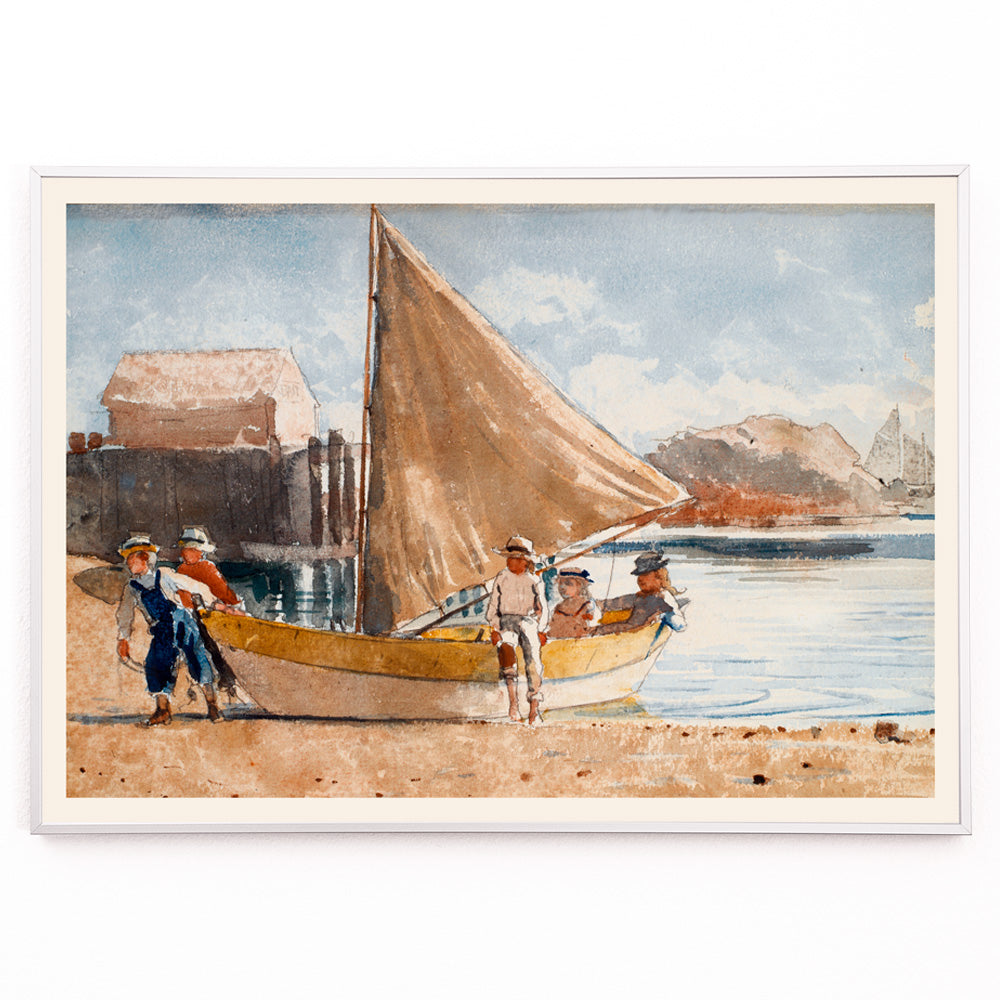 Closeup detail of Summertime by Winslow Homer painting of children on a sailboat at the beach and by the sea with a sailboat on the shore displayed in a black frame