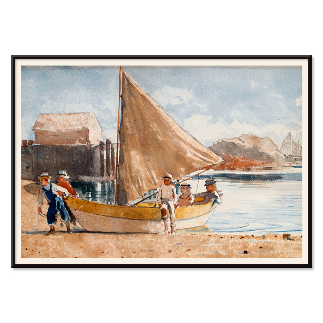 Summertime by Winslow Homer painting of children on a sailboat at the beach and by the sea with a sailboat on the shore displayed in a black frame, with black aluminium frame on white background