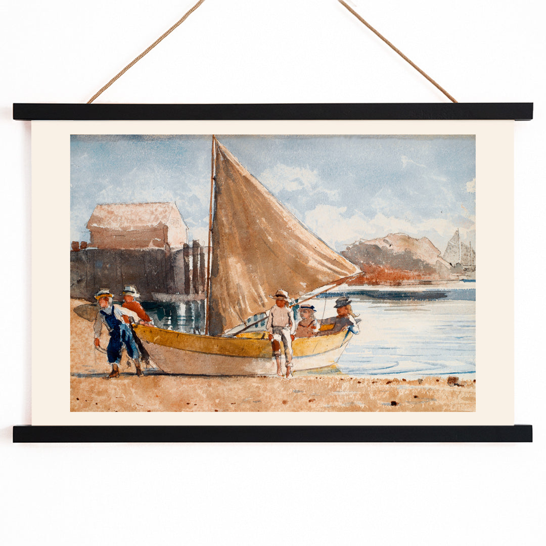 Summertime by Winslow Homer painting of children on a sailboat at the beach and by the sea with a sailboat on the shore displayed in a black frame, with wooden magnetic frame on white background