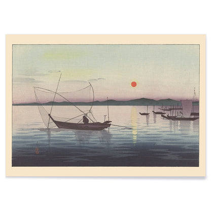 Traditional Japanese boats on calm water at sunset with mountains artwork by Ohara Koson, with black aluminium frame on white background