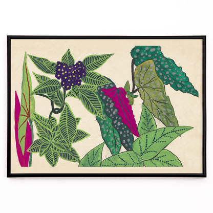 Closeup detail of Botanical illustration poster with vibrant green leaves and purple fruits by Atelier Martine titled Leaves and Fruits perfect for botanical decor