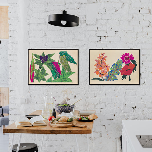 Botanical illustration poster with vibrant green leaves and purple fruits by Atelier Martine titled Leaves and Fruits perfect for botanical decor, framed and displayed in home decor