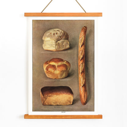 Assorted bread loaves including domestic cottage French and graham from The Grocers Encyclopedia vintage artwork collection of baked bread types poster, with wooden magnetic frame on white background