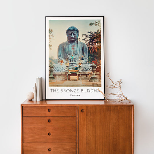 Bronze Buddha at Kamakura by Kazumasa Ogawa large outdoor statue with trees and altar in background, framed and displayed in home decor