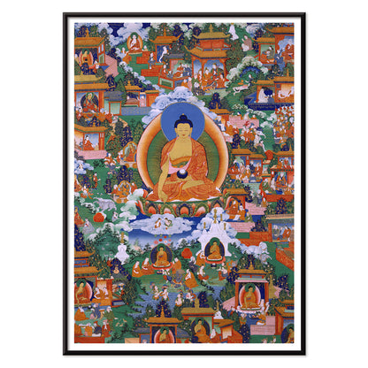 Shakyamuni Buddha in Avadana Legend Scenes painting and poster depicting life events teachings and surrounded by various figures in a vibrant detailed illustration, with black aluminium frame on white background