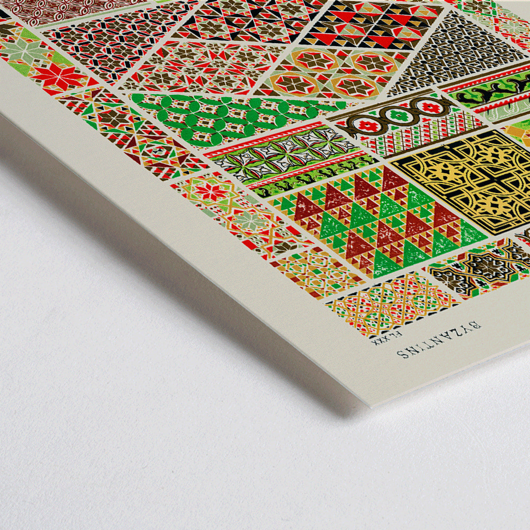 Closeup detail of Byzantine 3 vintage pattern by Owen Jones from Grammar of Ornament book featuring colorful intricate geometric designs