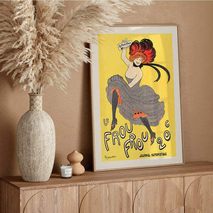 Colorful cancan dancer illustration and poster for Le Frou Frou by Leonetto Cappiello featuring a woman in a flamboyant dress against a bright yellow background, framed and displayed in home decor