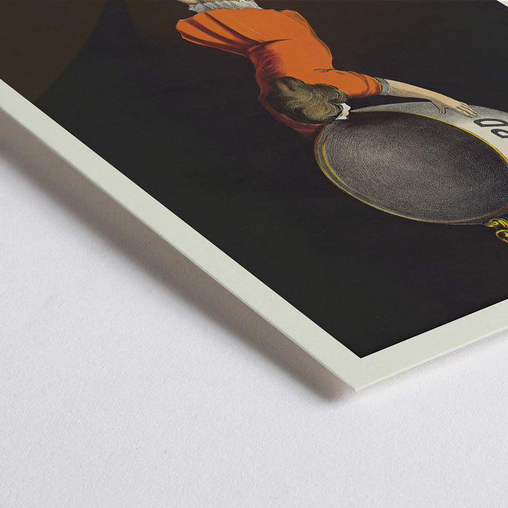 Closeup detail of Leonetto Cappiello Cacao Suchard poster with girl lifting giant cocoa tin on dark background in orange dress and yellow lettering