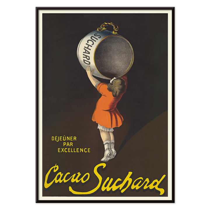 Leonetto Cappiello Cacao Suchard poster with girl lifting giant cocoa tin on dark background in orange dress and yellow lettering, with black aluminium frame on white background