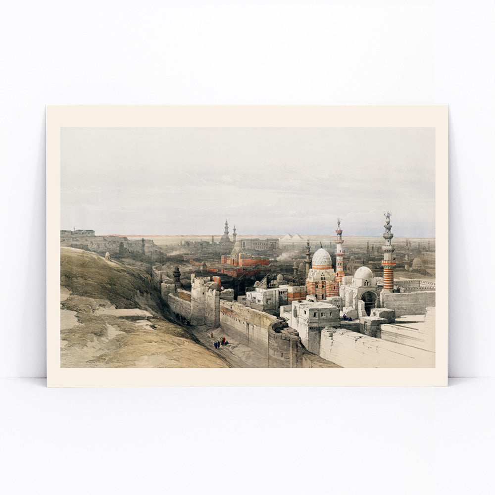 Panoramic cityscape of Cairo with mosques historic architecture and city walls looking west artwork by David Roberts, framed and displayed in modern living room decor