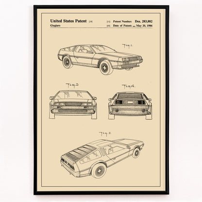 Closeup detail of Delorean DMC-12 vintage car patent illustration and technical drawings poster by Giorgetto Giugiaro displayed from multiple angles
