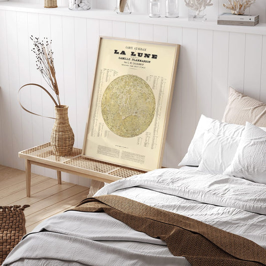 Carte Général de la Lune poster detailed lunar map by Camille Flammarion C M Gaudibert and Léon Fenet, framed and displayed in home decor