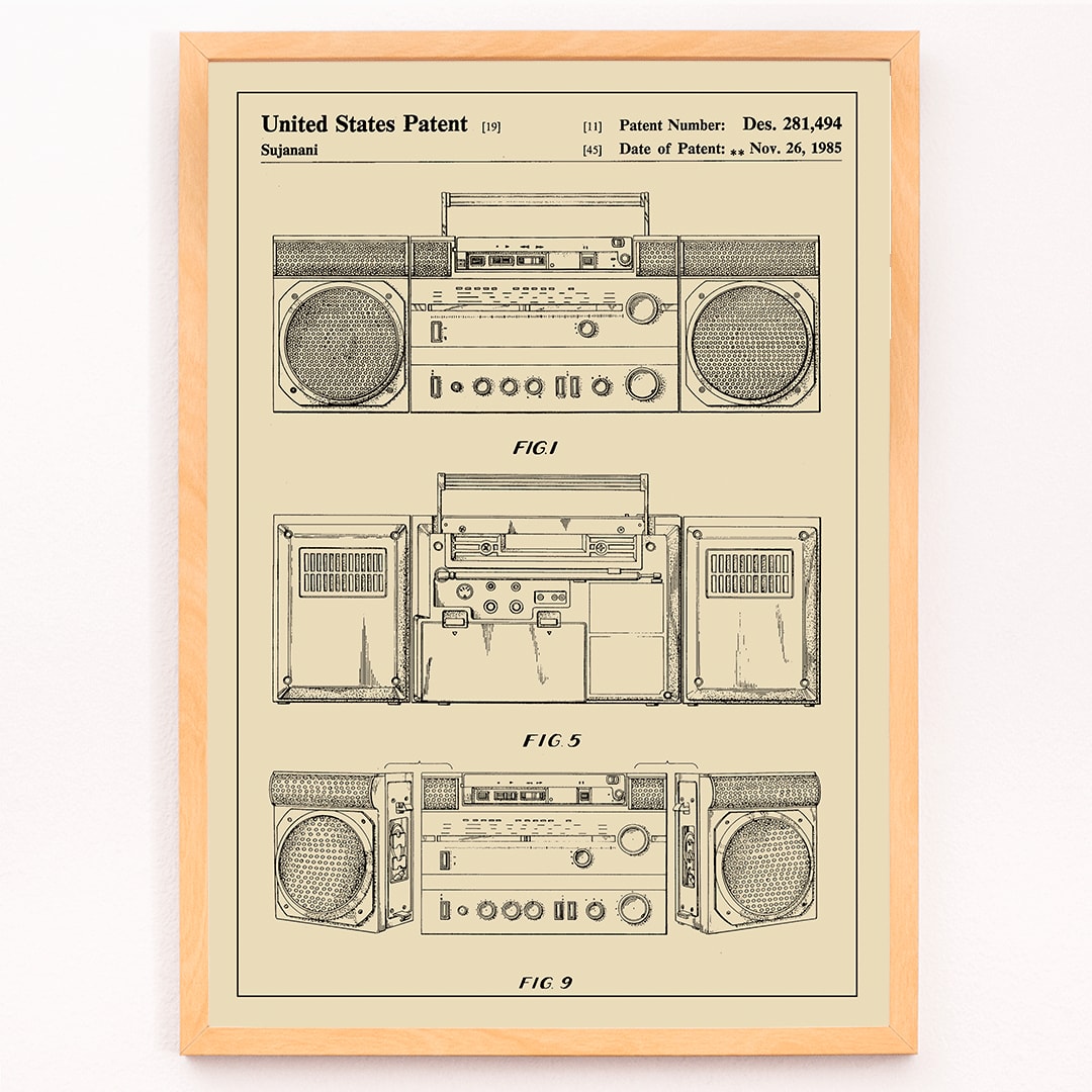 Portable combined cassette player technical drawing and poster illustrations by Sujanani United States Patent detailed technical drawings, framed and displayed in modern living room decor