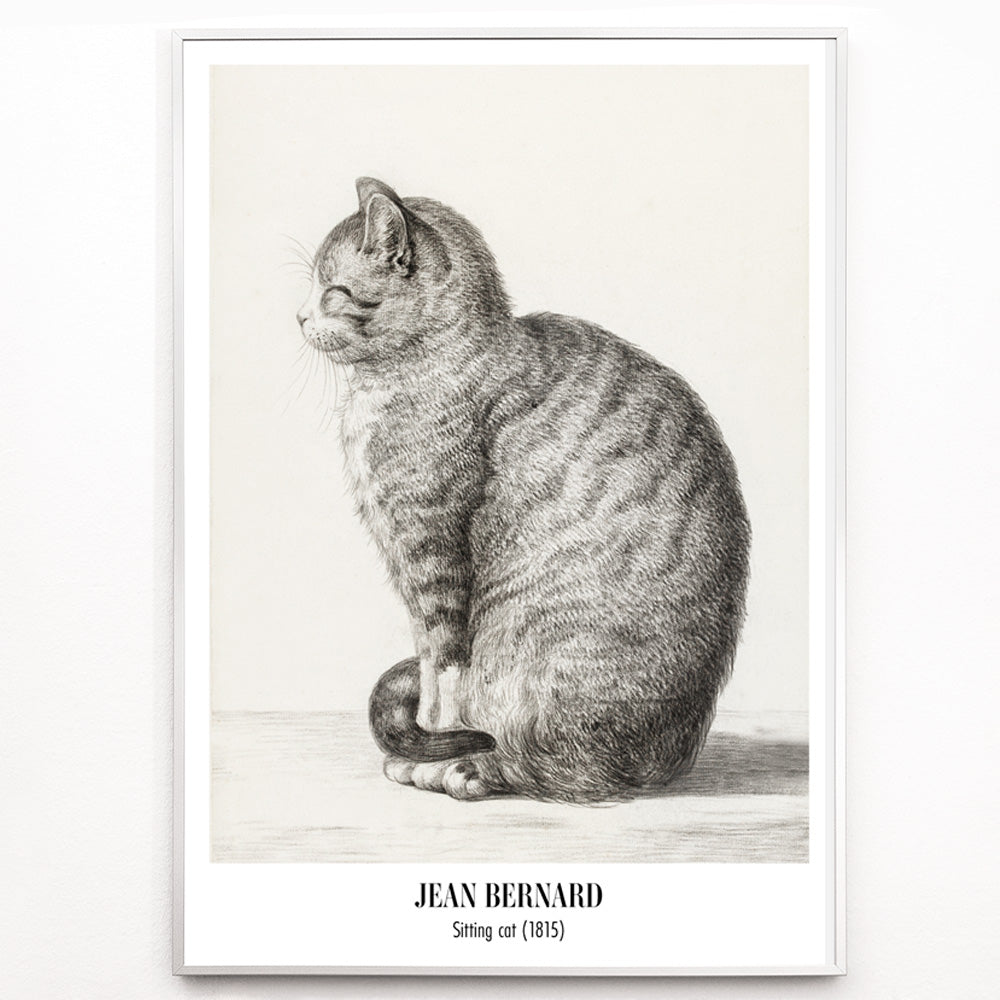 Closeup detail of Detailed drawing of a sitting cat by Jean Bernard titled Sitting cat poster for home or office decor