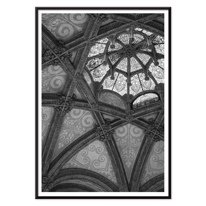 Ornate vaulted ceiling detail and architectural artwork at Hospital de la Santa Creu i Sant Pau Barcelona by Lluis Domenech i Montaner, with black aluminium frame on white background