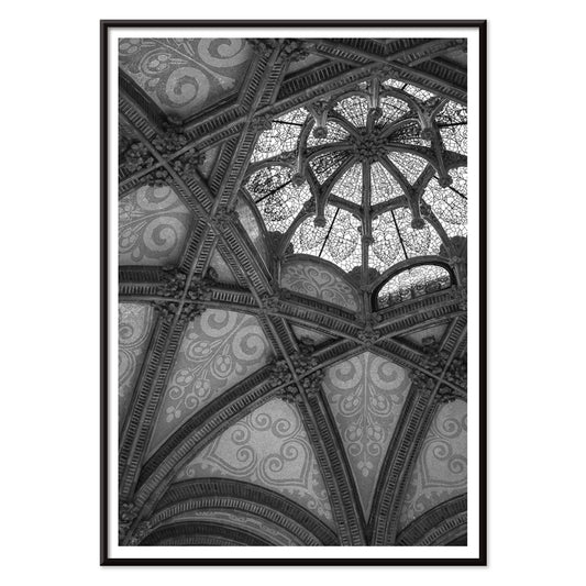 Ornate vaulted ceiling detail and architectural artwork at Hospital de la Santa Creu i Sant Pau Barcelona by Lluis Domenech i Montaner, with black aluminium frame on white background