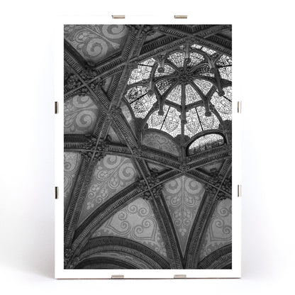 Ornate vaulted ceiling detail and architectural artwork at Hospital de la Santa Creu i Sant Pau Barcelona by Lluis Domenech i Montaner, framed and displayed in modern living room decor