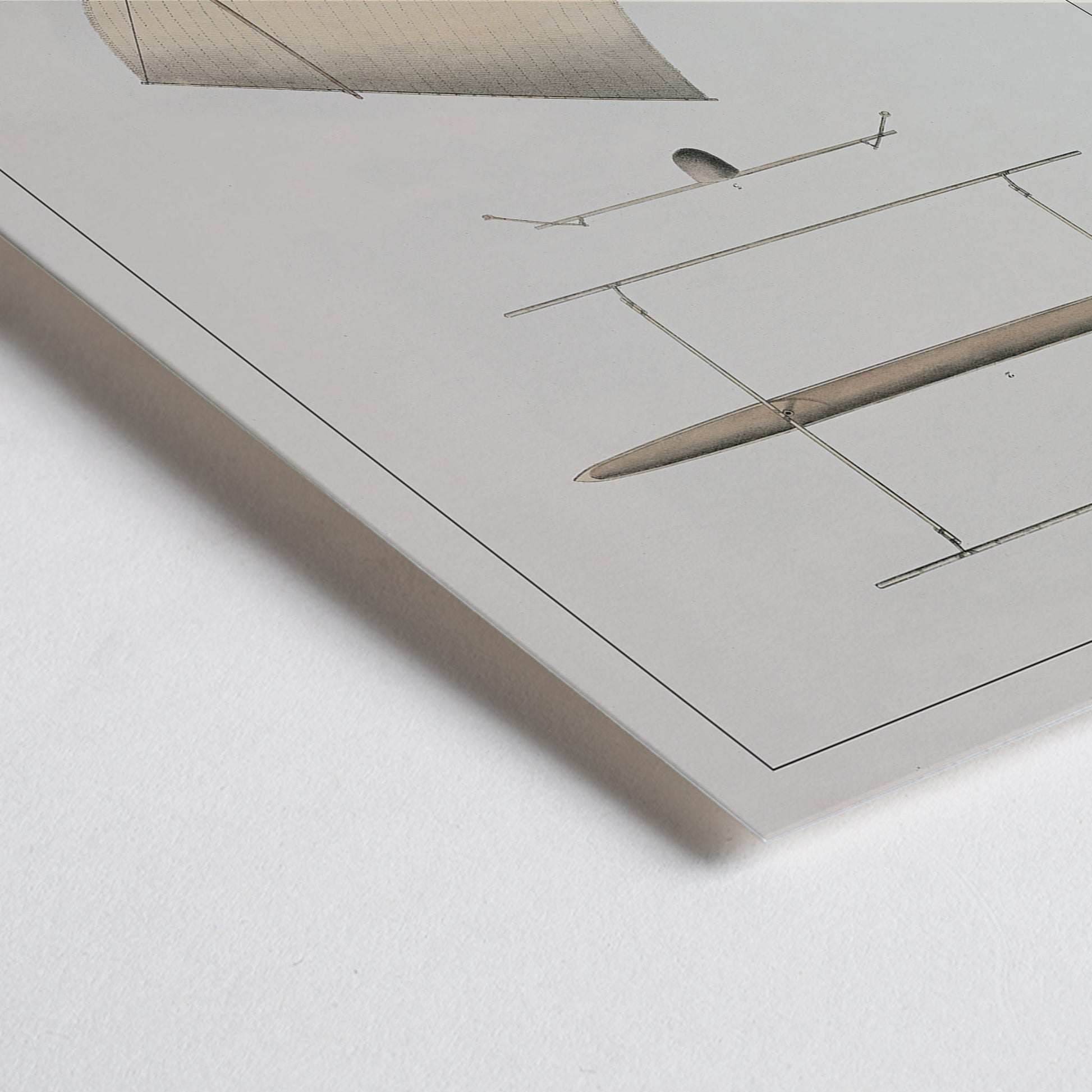 Closeup detail of J. Tastu Celebes Canoe poster with minimalist canoe plan and side view in soft beige tones