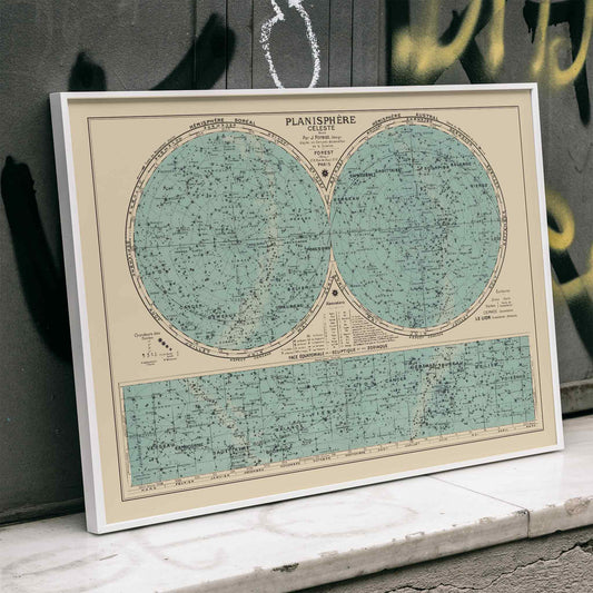 Joseph Forest Celestial planisphere poster with twin star hemispheres, constellation markings, and vintage teal scientific map, framed and displayed in home decor